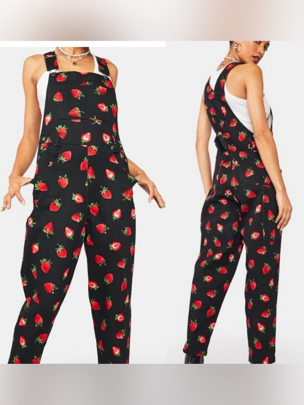 Dangerfield Women's Size 8 Strawberry Drill Tapered Leg Cargo Pocket Overalls - Picture 2 of 8